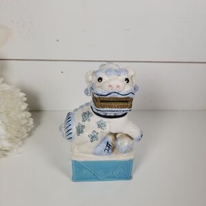 Mid Century Foo Dog Ceramic Bank Vintage Blue & White Foo Dog Figural Box Japan